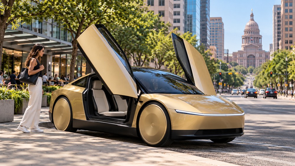 AI-generated illustration of a gold Tesla Cybercab with butterfly doors open in downtown Austin during daytime