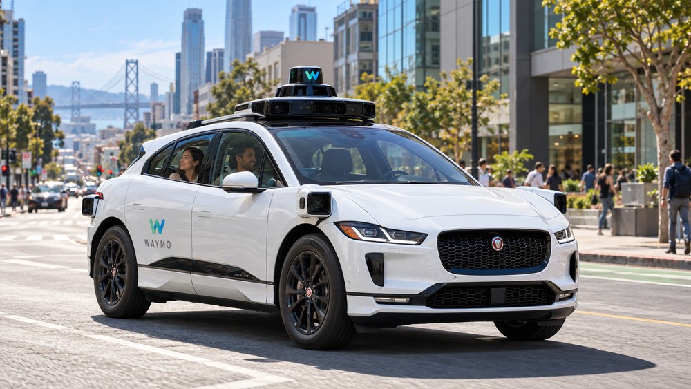 AI-generated illustration of a Waymo Jaguar I-PACE with rooftop sensors and passengers in San Francisco during daytime