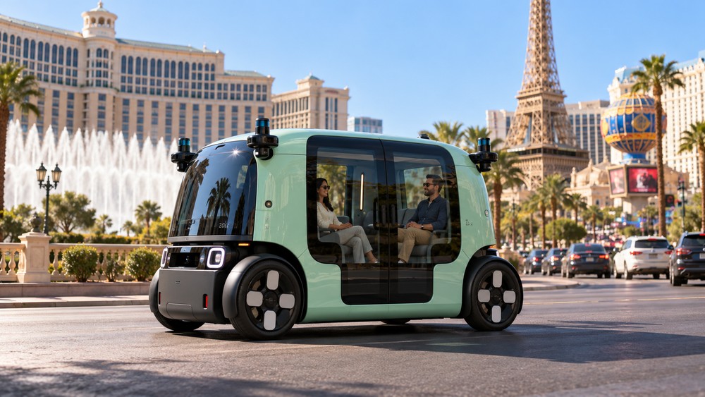 AI-generated illustration of a mint-green Zoox bidirectional robotaxi with passengers on the Las Vegas Strip during daytime